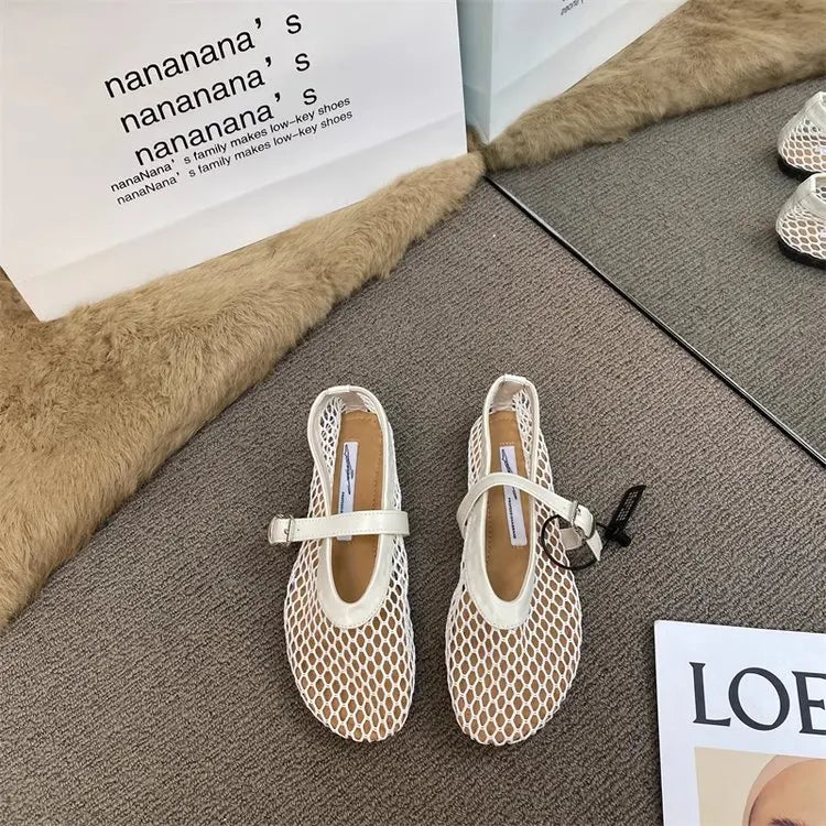 2026 New Hollow Mesh Women's Flat Ballet Shoes - Casual Fashion Versatile Breathable Fishnet Sandals
