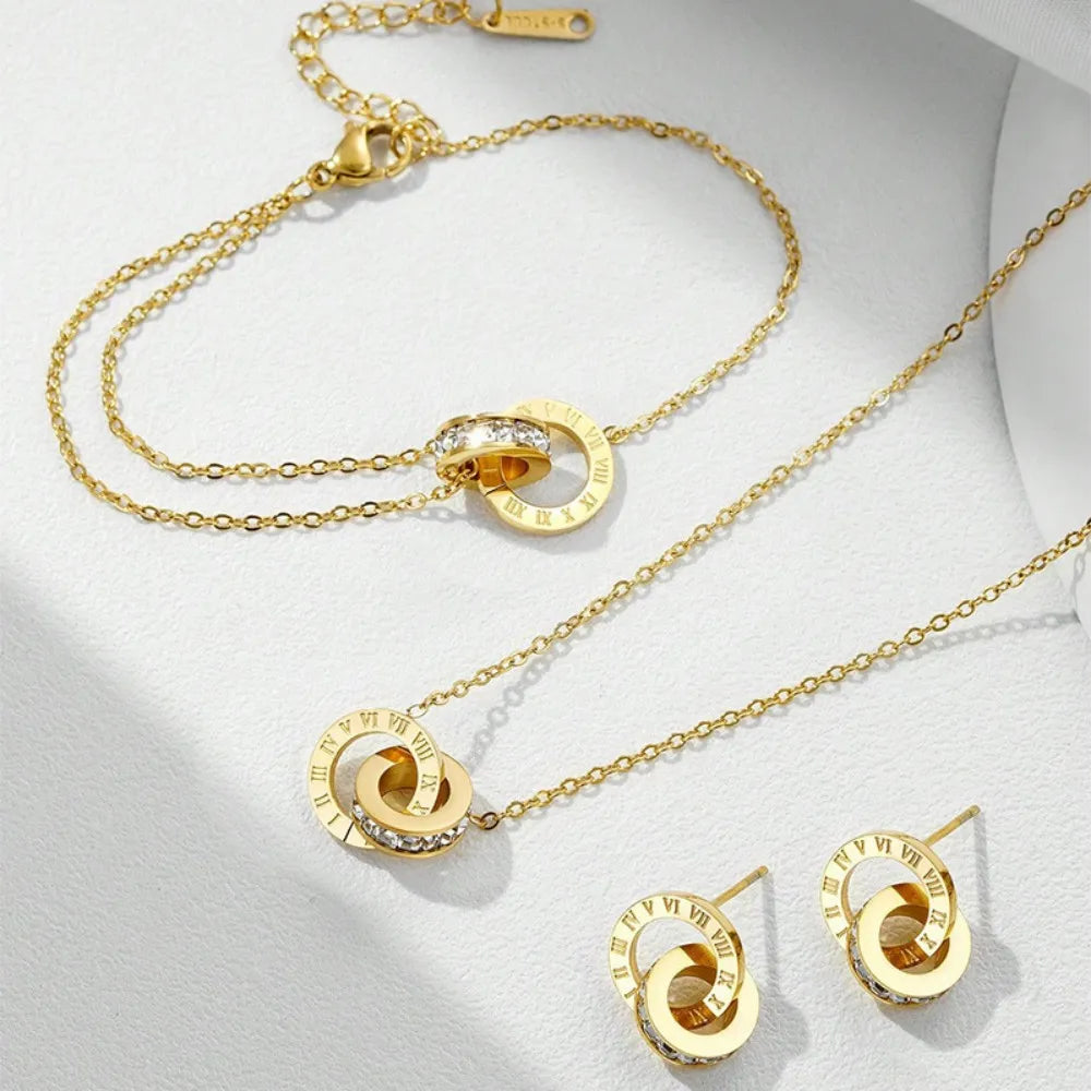Classic Roman Numeral Zircon inlay Double Ring Earrings Necklace Bracelet Ring Size 7 Diverse Combinations With Fashion Jewelry