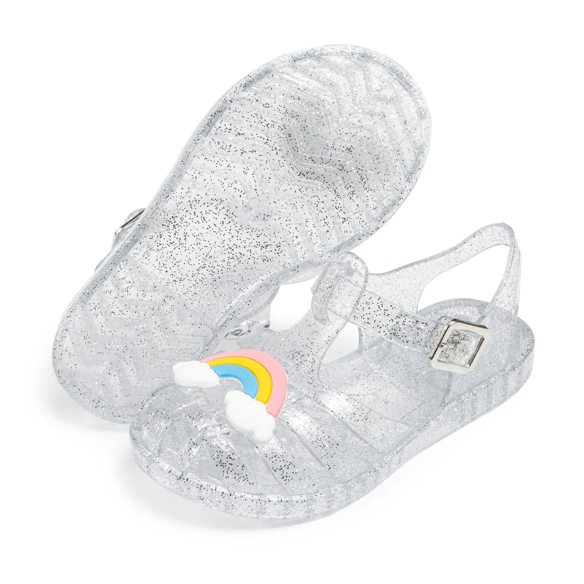 Summer Breathable Fashion Cartoon Print Cool Fine Glitter Sequins Jelly Shoes Adjustable PVC Girls Sandals