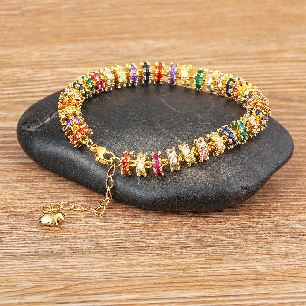 Nidin Fashion Gold Plated Chain Bead Bracelet for Women Colorful Crystal Zircon Heart Shape Charm Wedding Party Jewelry Gifts