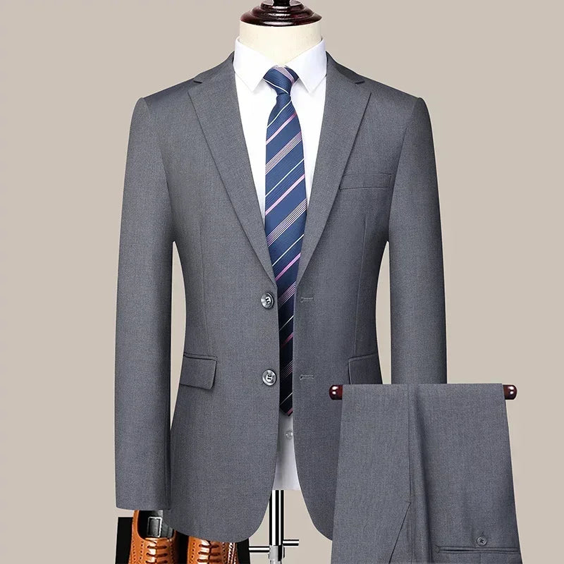 Solid Color Suit Men Fashion Business Outdoor Gentleman Trend Solid Color Casual Slim-fit Wedding Host Gentleman (Blazer+Pants)