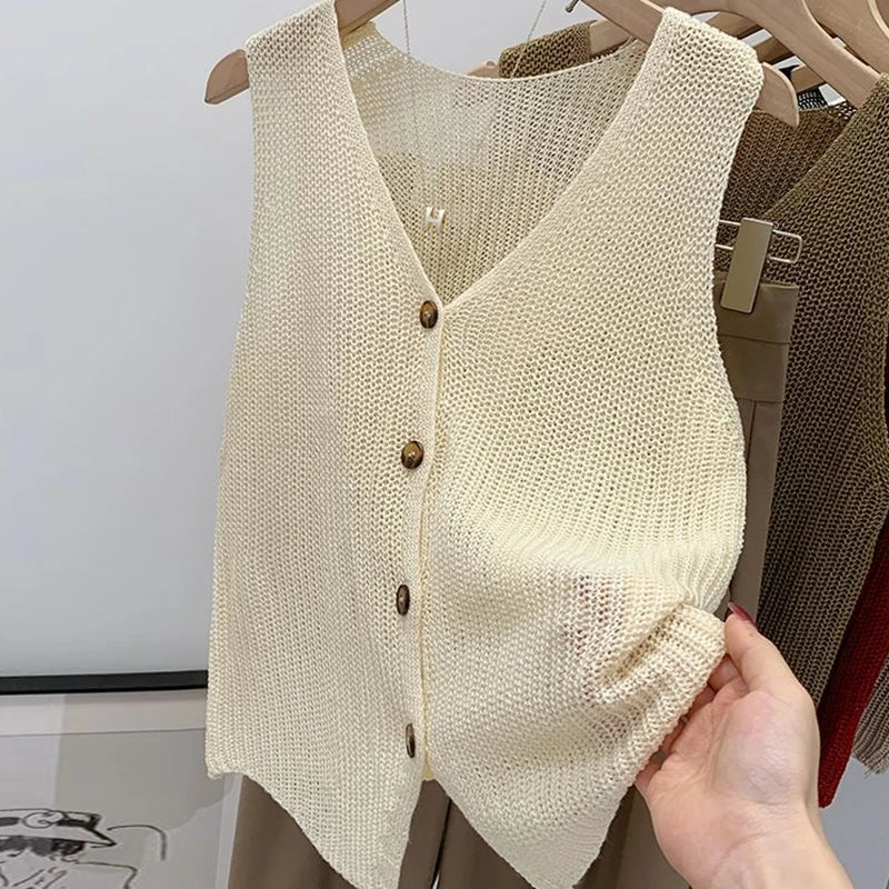 Summer Korean Cotton And Linen Fashion Casual Solid Color Loose V-Neck Vest For Women