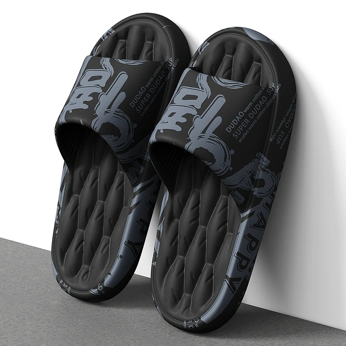Trendy EVA Graffiti Slides for Men and Women Soft Comfortable Black White Design Playful Patterns Casual Home Outdoor Wear