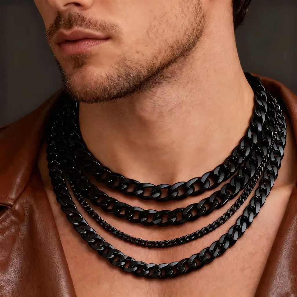 HNSP 3-12MM Stainless Steel Chain Cuban Link Necklace For Men Punk Style Jewelry Accessories Black Chain Yellow Gold Color