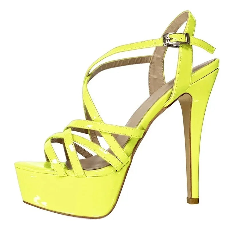 LOSLANDIFEN Women Sandals Sexy 14CM Platform High Heels Ankle Strap Sandal Open Toe Sanke Gladiator Party Dress Woman Shoes