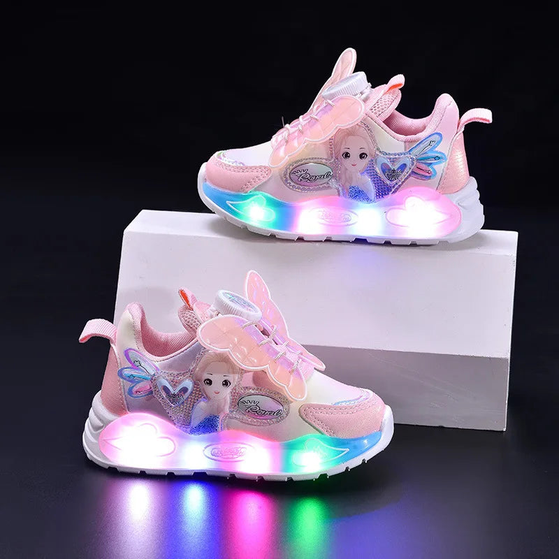 Glowing Cartoon Princess Sports Shoes for Girls Rotating Buckle Lighting up Casual Shoes Spring New Arrival for Kids
