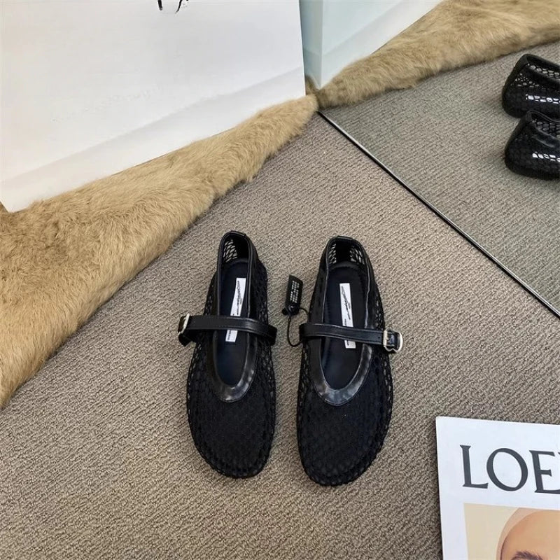 2026 New Hollow Mesh Women's Flat Ballet Shoes - Casual Fashion Versatile Breathable Fishnet Sandals