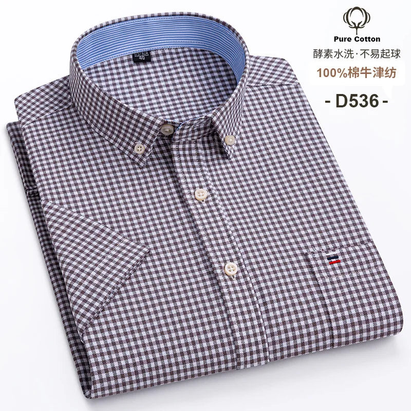7XL Classic Men's Short Sleeve Shirt 100% Oxford Cotton Casual Plaid Stripe Shirt Business Men's Shirts Short Sleeve Large Size