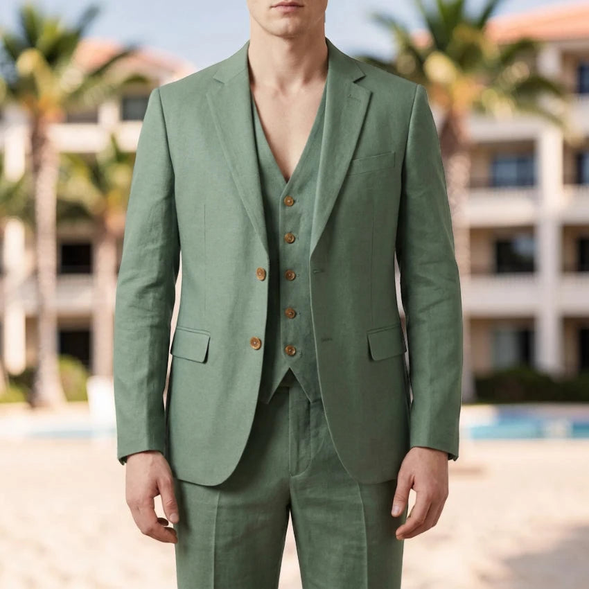 Sage Green Linen Men Suit for Wedding Beach 3 Pieces Slim Fit Groom Tuxedo for Groomsmen Wear Prom Party (Jacket + Pants + Vest)