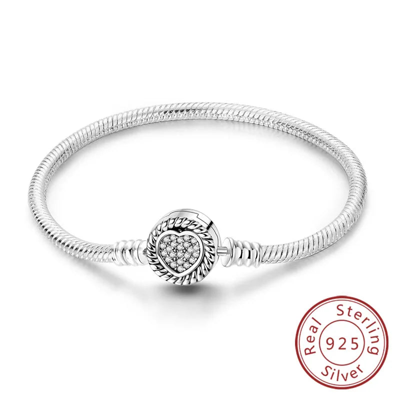 Bracelet 17-20CM Love Heart Original 925 Sterling Silver Charm Bracelet Pave Zirconia Bracelet for Women DIY Charm Jewelry Gifts