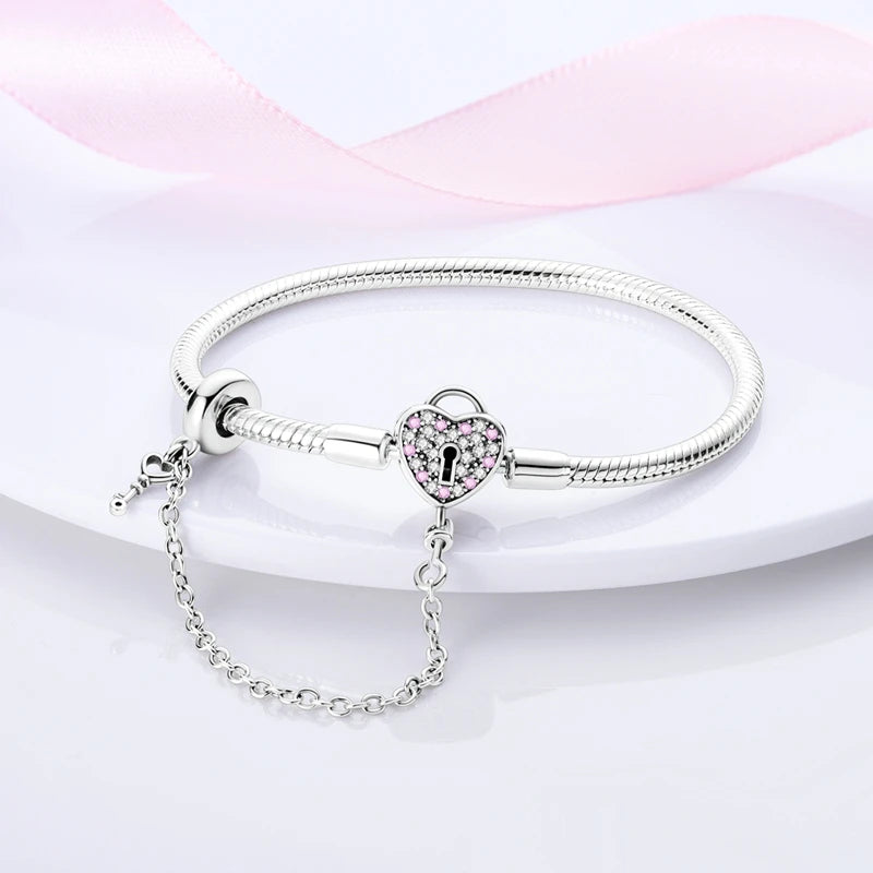 Bracelet 17-20CM Love Heart Original 925 Sterling Silver Charm Bracelet Pave Zirconia Bracelet for Women DIY Charm Jewelry Gifts