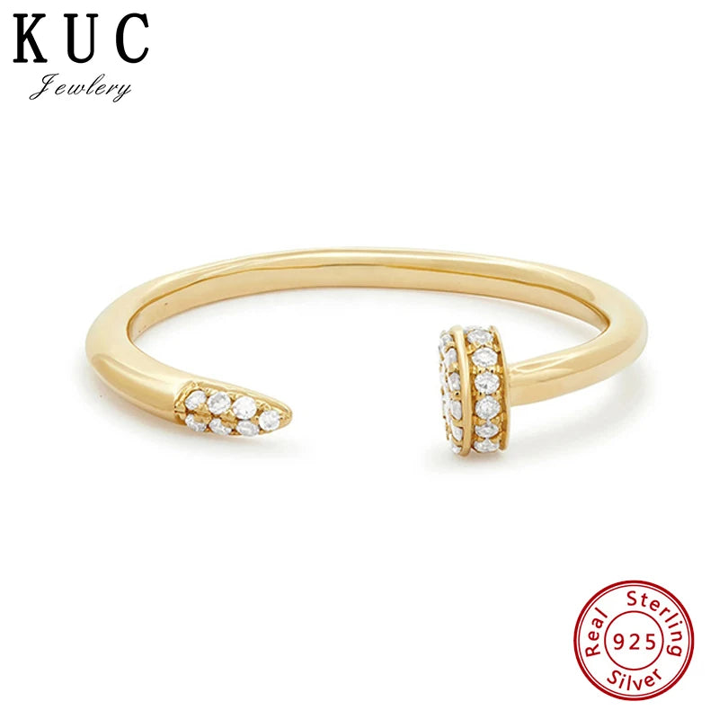 925 Sterling Silver Original Certificate Zircon Nail Open Cuff Ring For Women Fine Jewelry Gold Plated