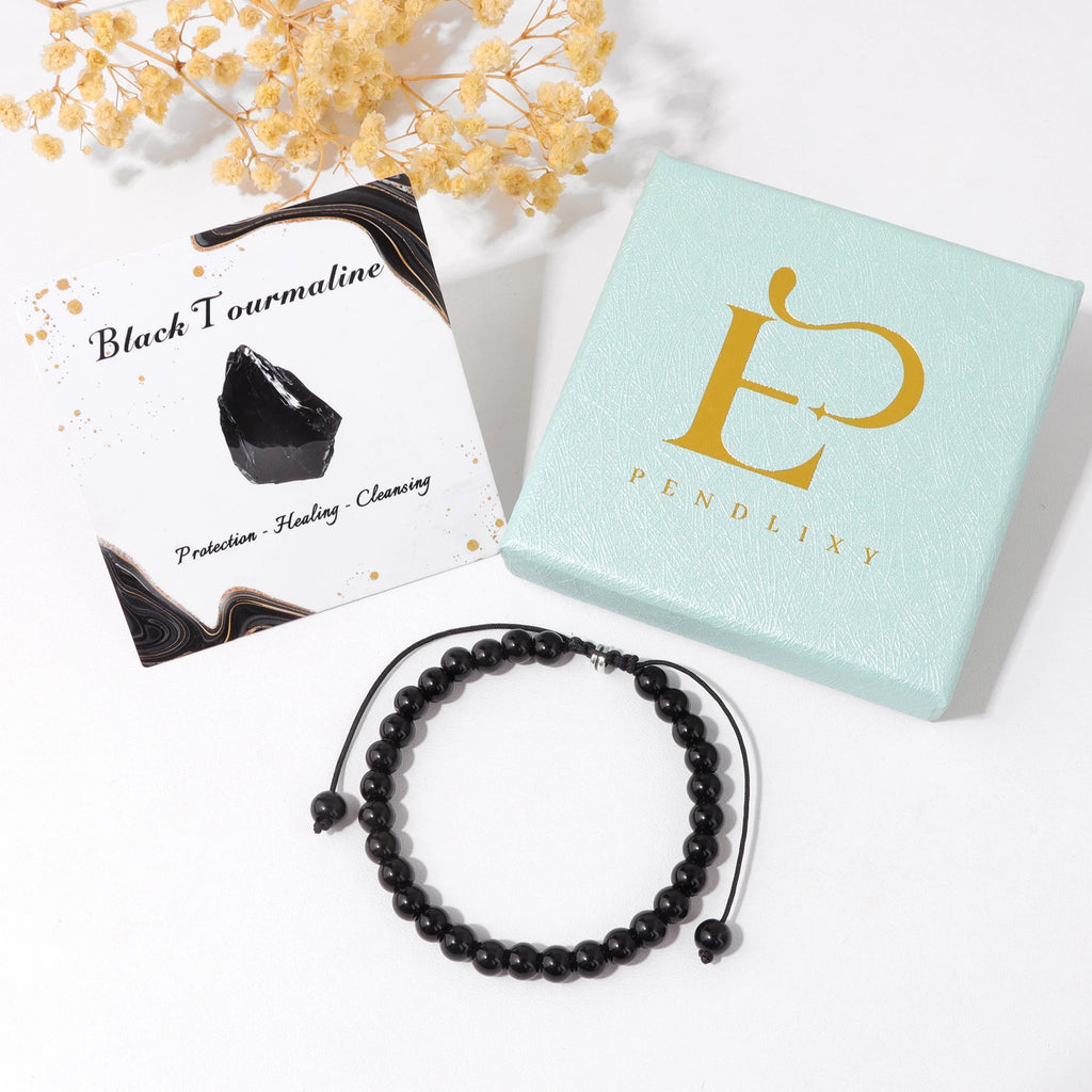 4/6/8mm Natural Black Tourmaline Stone Beads Bracelet Healing Energy Bracelets Adjustable Rope Braided Bracelet with Card Gifts