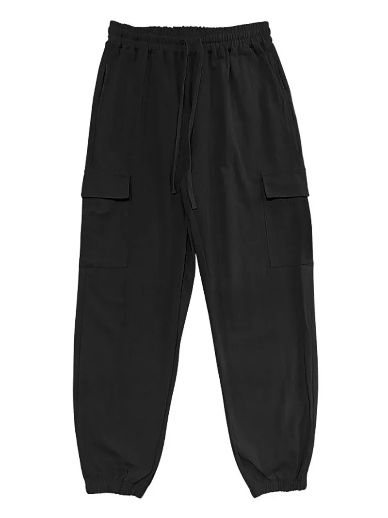 Men's Cotton Linen Cargo Jogger Pants Elastic Waist Drawstring Multi Pockets Casual Breathable Streetwear Trousers for Men
