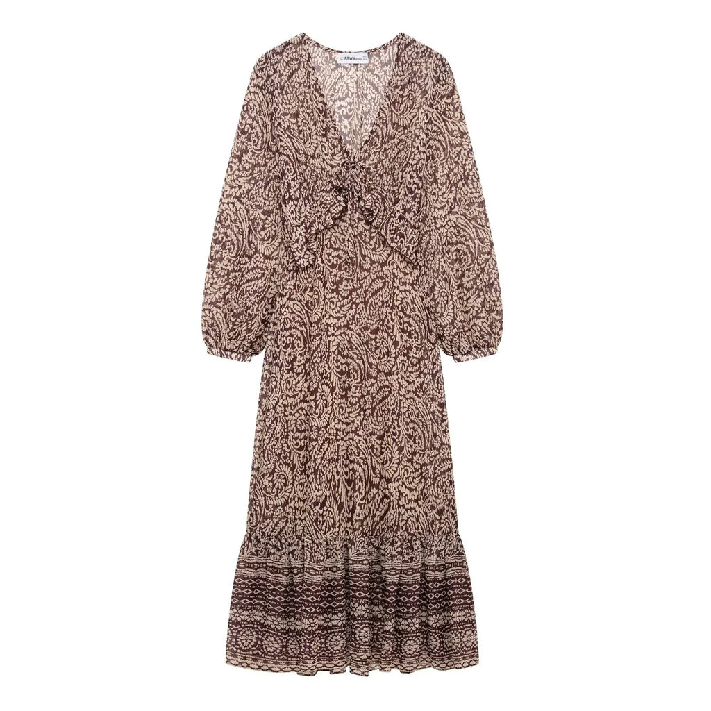 2025 Spring New Product Women's Stacked Decorative Printed V-neck Midi Dress Fashion Retro Pattern Printed Skirt