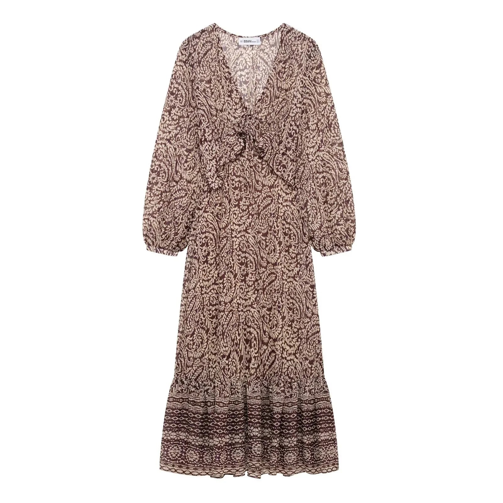 2025 Spring New Product Women's Stacked Decorative Printed V-neck Midi Dress Fashion Retro Pattern Printed Skirt