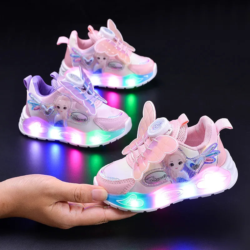 Glowing Cartoon Princess Sports Shoes for Girls Rotating Buckle Lighting up Casual Shoes Spring New Arrival for Kids