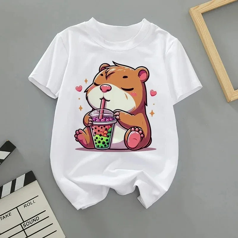 Summer Cartoon Cute Capybara Print Children T-shirt Short-sleeved Fashion Boys and Girls Round-neck Baby Kid Tshirt Trend