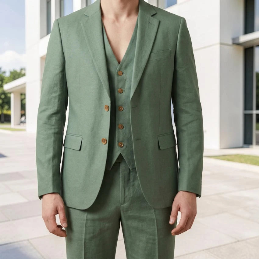 Sage Green Linen Men Suit for Wedding Beach 3 Pieces Slim Fit Groom Tuxedo for Groomsmen Wear Prom Party (Jacket + Pants + Vest)