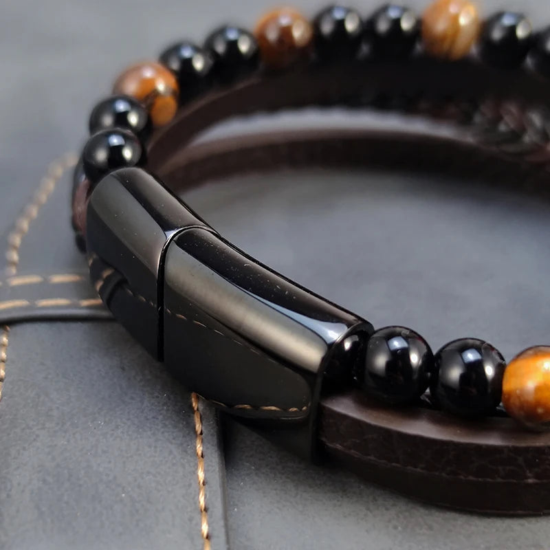 2025 New Beads Tiger's Eye Stone Bracelet for Men Four Layers Leather Bracelet with Stainless Steel Magnet Male Jewelry Gift