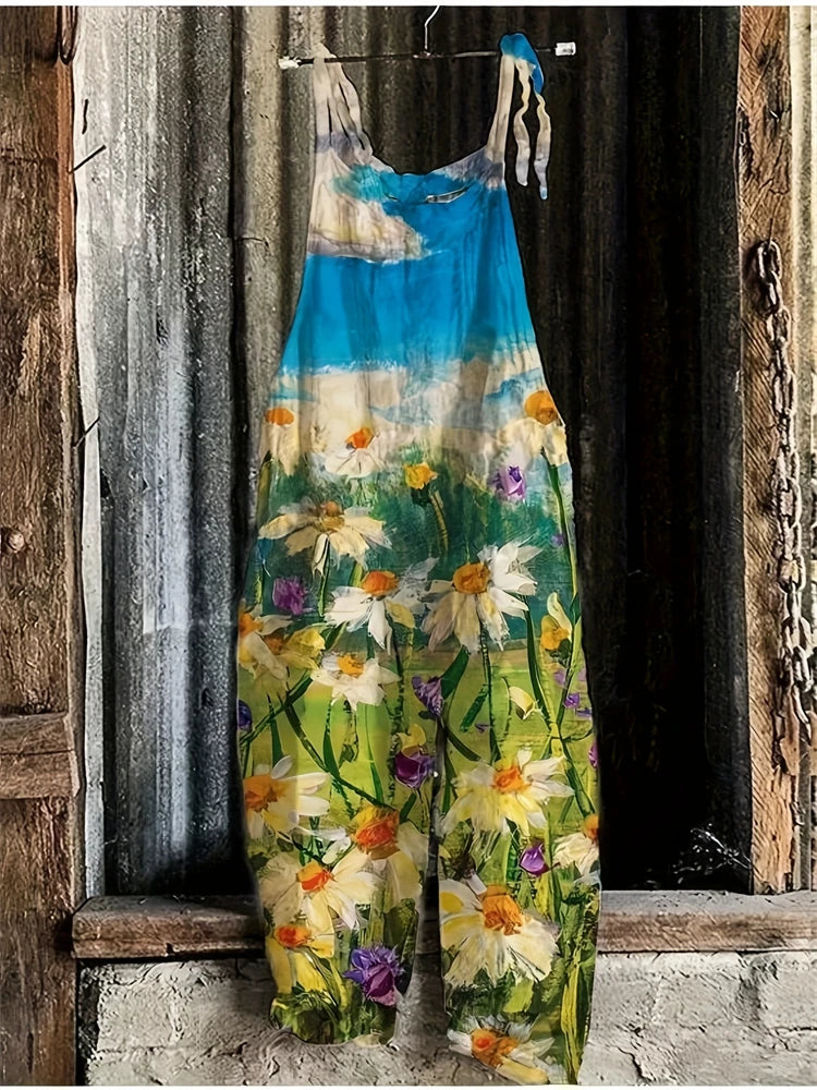 New Women's Sling Bodysuit Pants Sleeveless Floral Printed Wide Leg Pants Casual Outdoor Loose Backless Comfortable Breathable