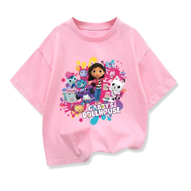 Summer Tee Girls Short Sleeve Tops Kawaii Gabbys Dollhouse T-shirt for Baby Girls Gabby Cats T Shirts Kids  Children Clothing