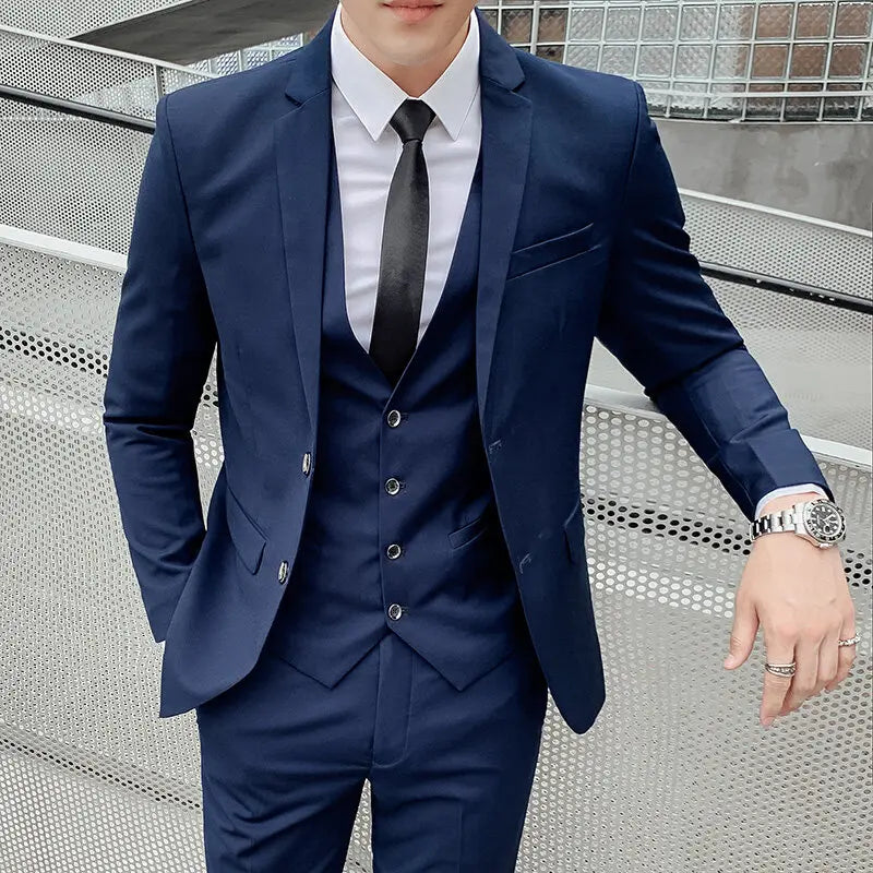 Solid Color Suit Men's Fashionable Gentleman Business Banquet Korean-style Formal Dress Casual Wedding (Blazer+Vest+Trousers)