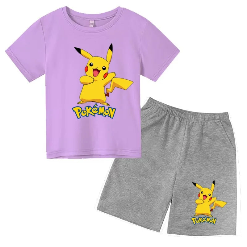 Children's T-shirt Cool Summer Anime Pikachu Print Boys Girls 3-12Years Pokemon Clothing Cartoon Short-sleeved+Shorts Casual Set