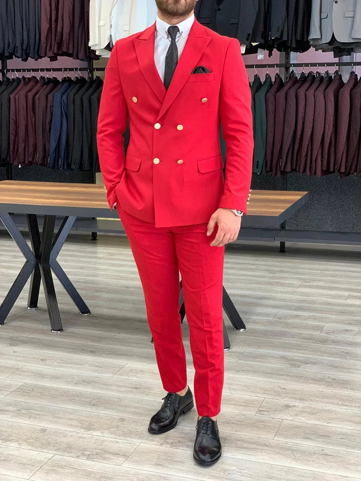 2-piece  Red Men Suit Blazer Pants Double Breasted Peaked Lapel Business Slim Wedding Groom Tailored Costume Homme