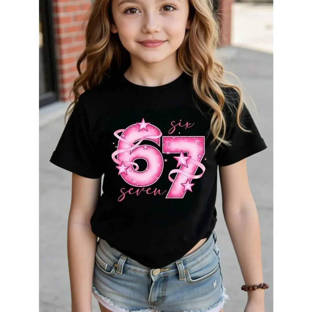 Children's 67 Christmas Elf Print Girls Short Sleeve Round Neck Tee Parties Casual Wear Comfort Children Clothes Girl Clothing