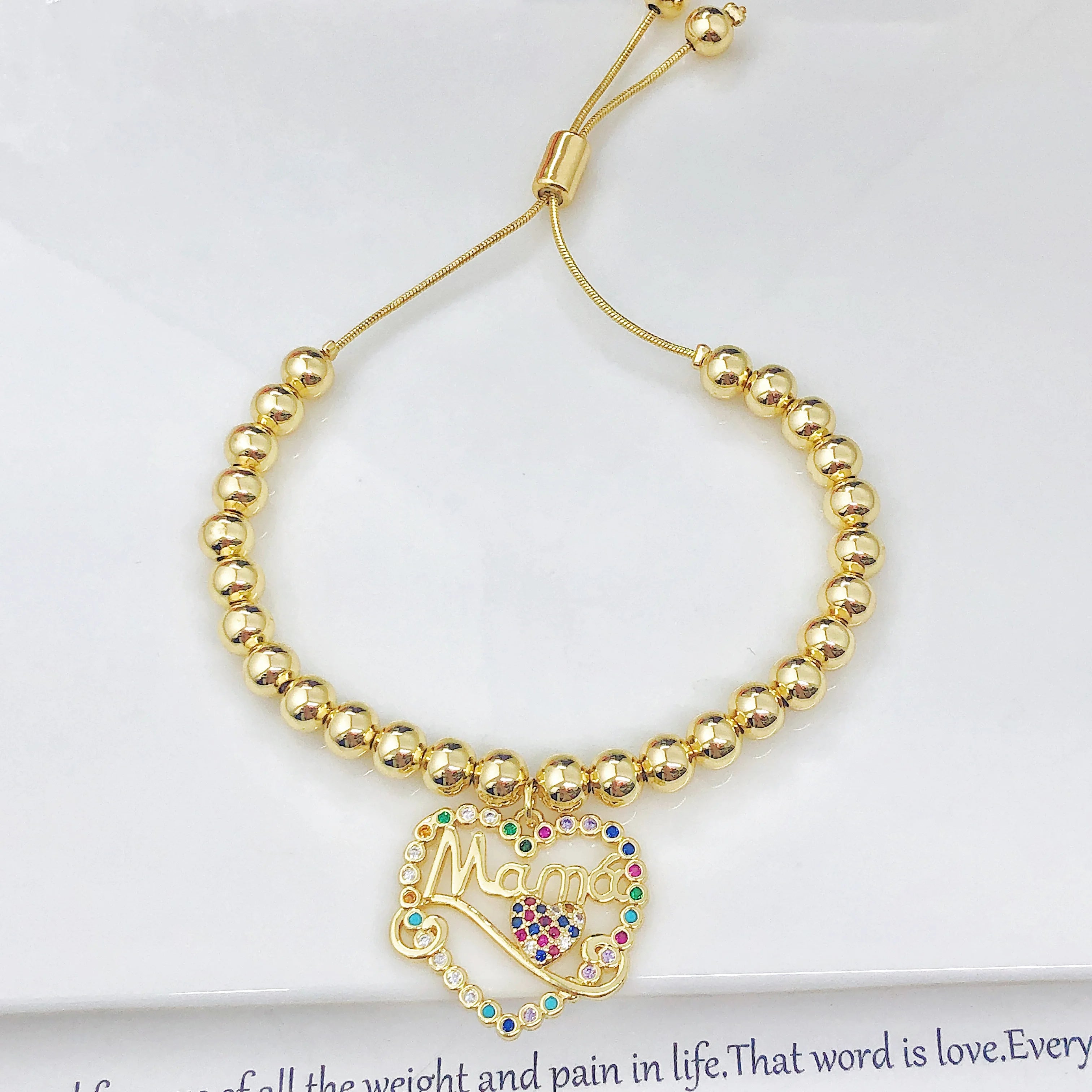 New Arrival Gold-Plated Heart-Shaped Zircon Mama Copper Bead Bracelet Classic for Women Holiday Party Jewelry Mother's Day Gift