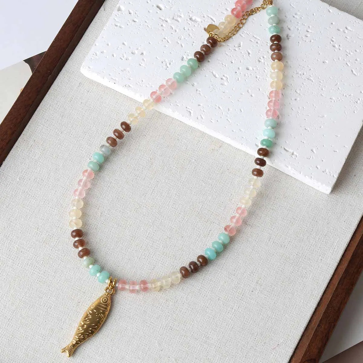 Trendy 4 Designs Stainless Steel Gold Plated Fish Turtle Pendant Stone Necklace for Women Waterproof Beach Party Jewelry Summer