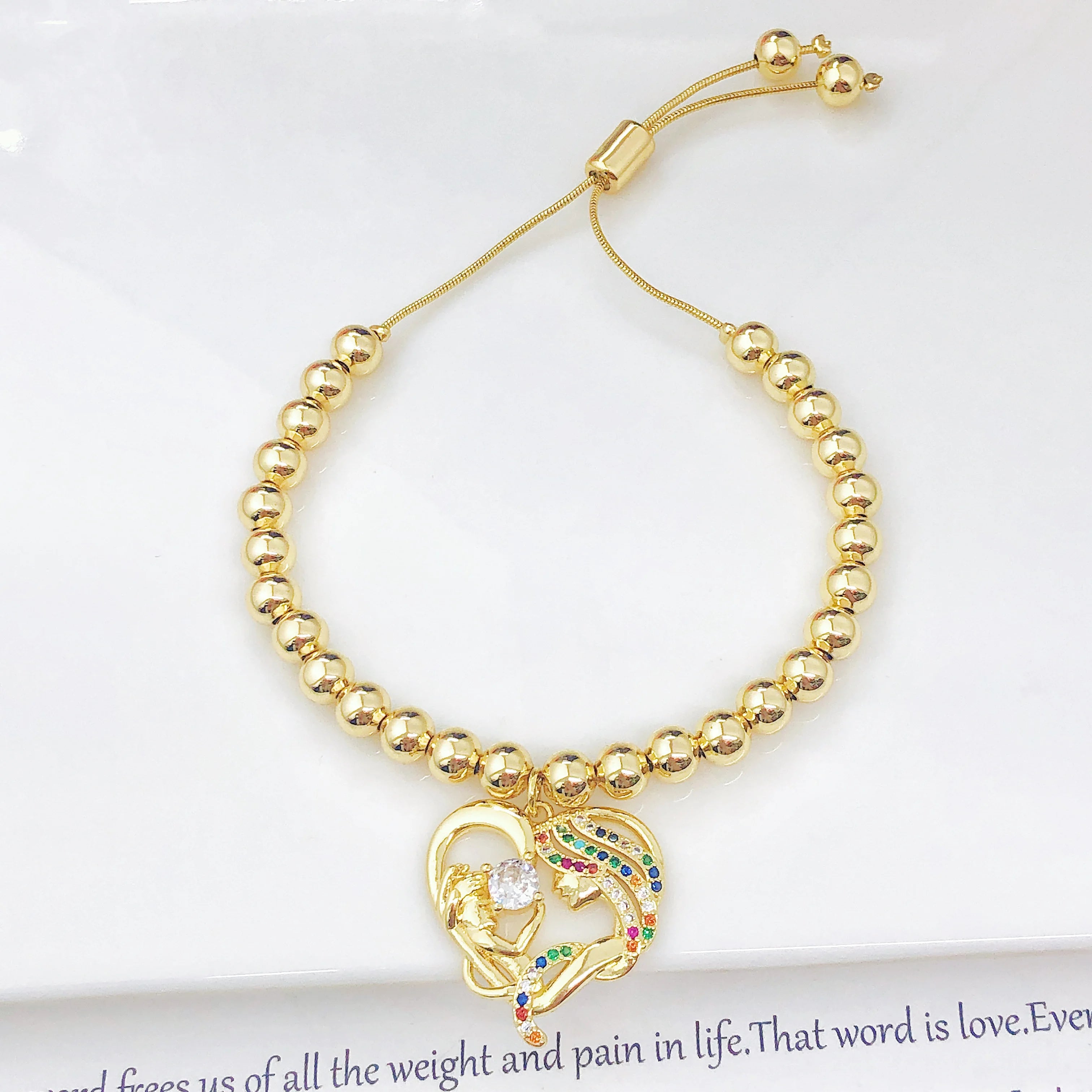 New Arrival Gold-Plated Heart-Shaped Zircon Mama Copper Bead Bracelet Classic for Women Holiday Party Jewelry Mother's Day Gift