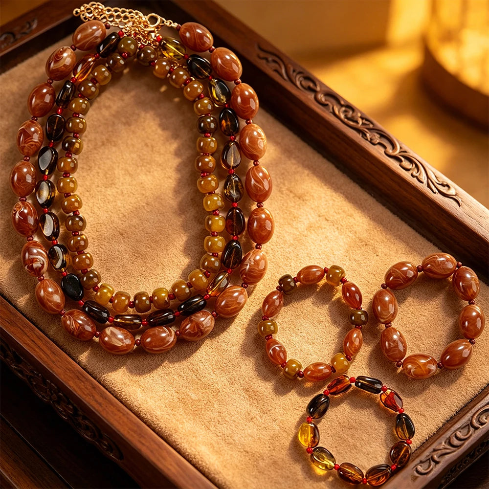 Earthy Gradient Amber Tone Jewelry Combo Triple Strand Necklace And Stackable Bracelet Set Statement Accessory For Women Summer