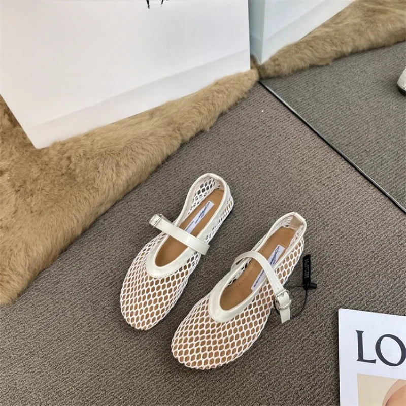 2026 New Hollow Mesh Women's Flat Ballet Shoes - Casual Fashion Versatile Breathable Fishnet Sandals