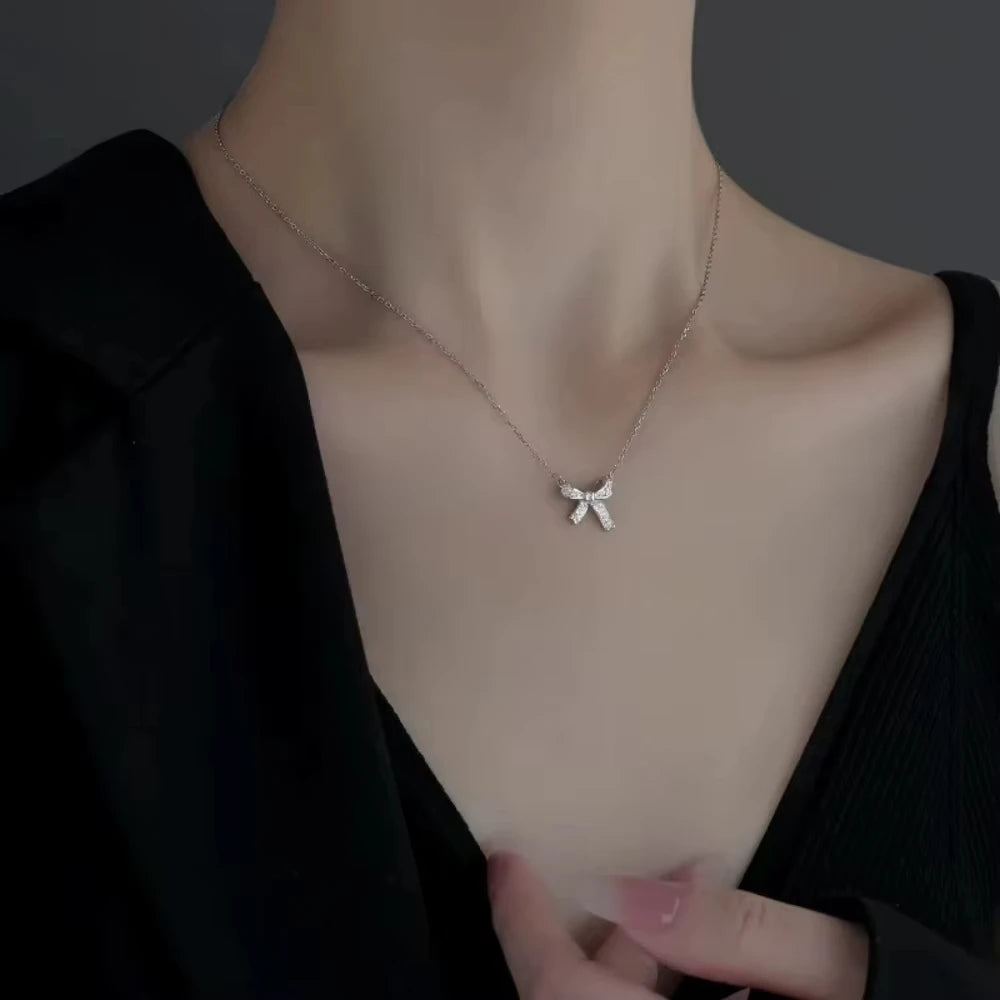 FTCY Exquisite Copper Inlaid Zirconia Bow Pendant Necklace For Women Fashion Simple  Stainless Steel Clavicle Chain Jewelry Gift