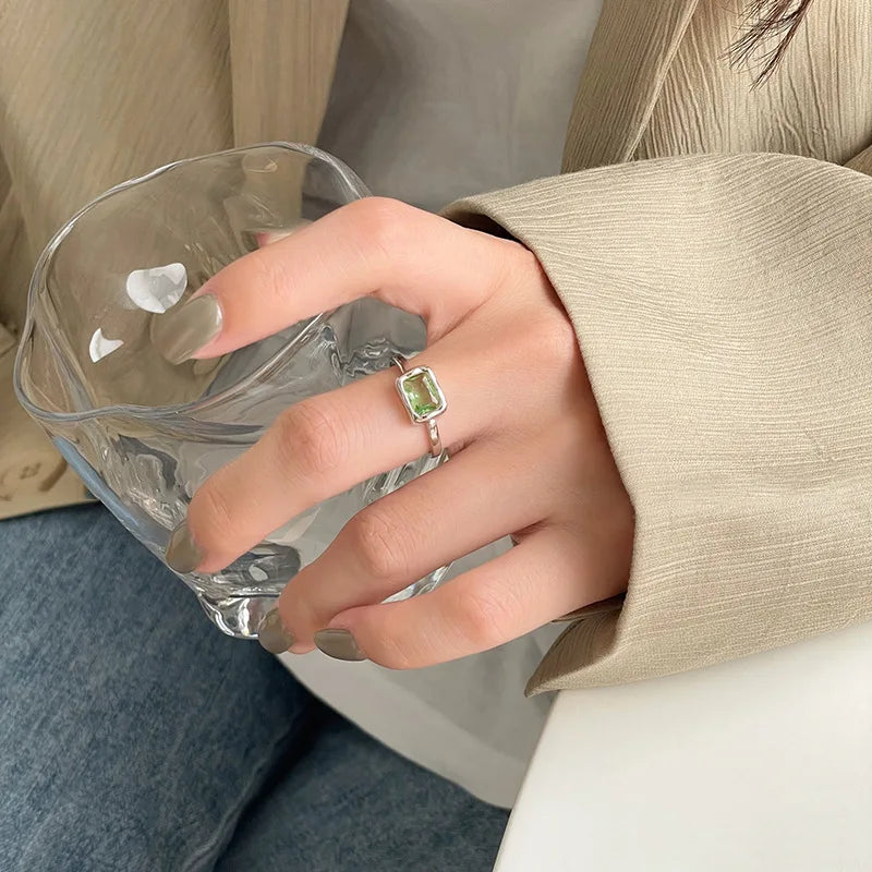 VENTFILLE 925 Sterling Silve Green Crystal Geometry Ring Square Retro Sweet Jewelry Birthday Gift Dropshipping