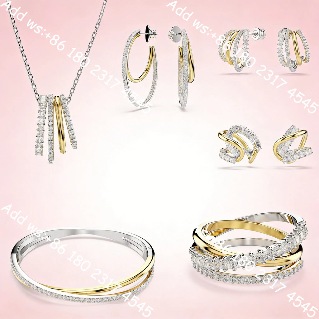 Luxury Intertwined Line Cubic Zirconia Bicolor Jewelry,Necklace Earrings Bracelet Ring Set,Exquisite Elegant