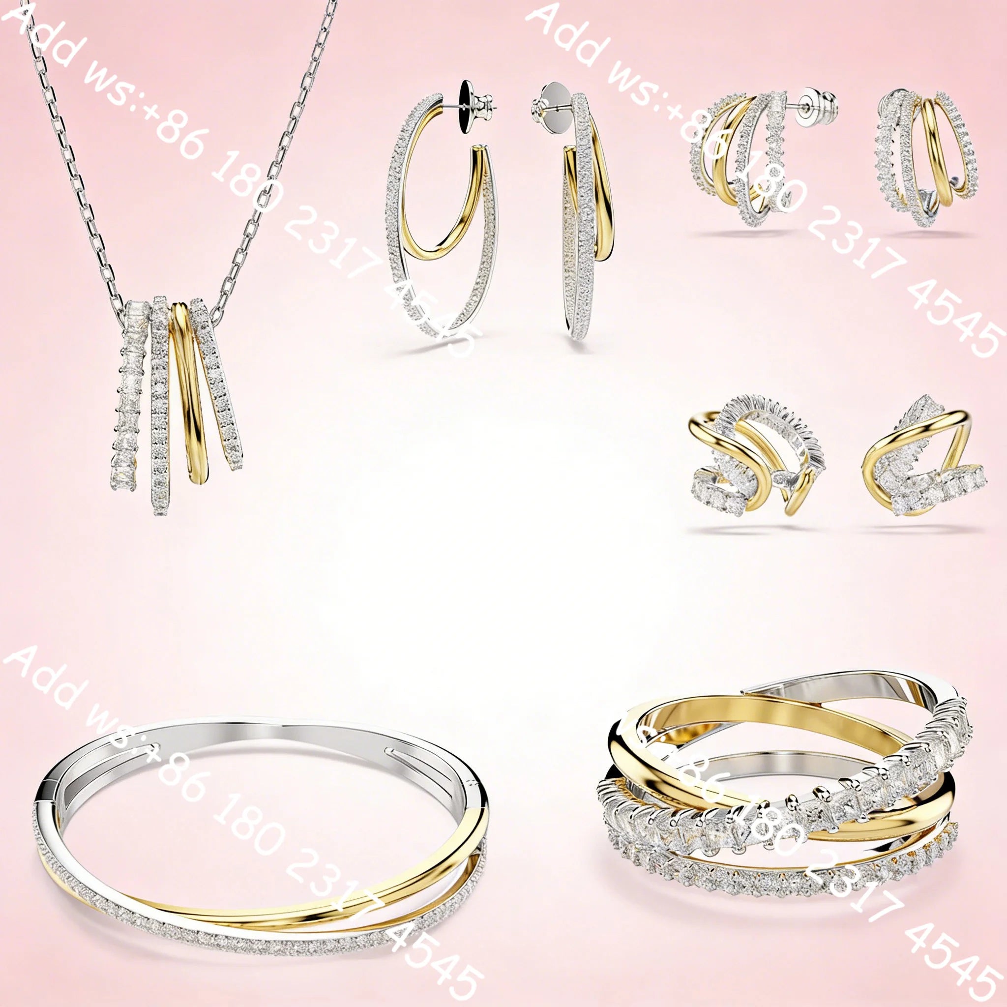 Luxury Intertwined Line Cubic Zirconia Bicolor Jewelry,Necklace Earrings Bracelet Ring Set,Exquisite Elegant