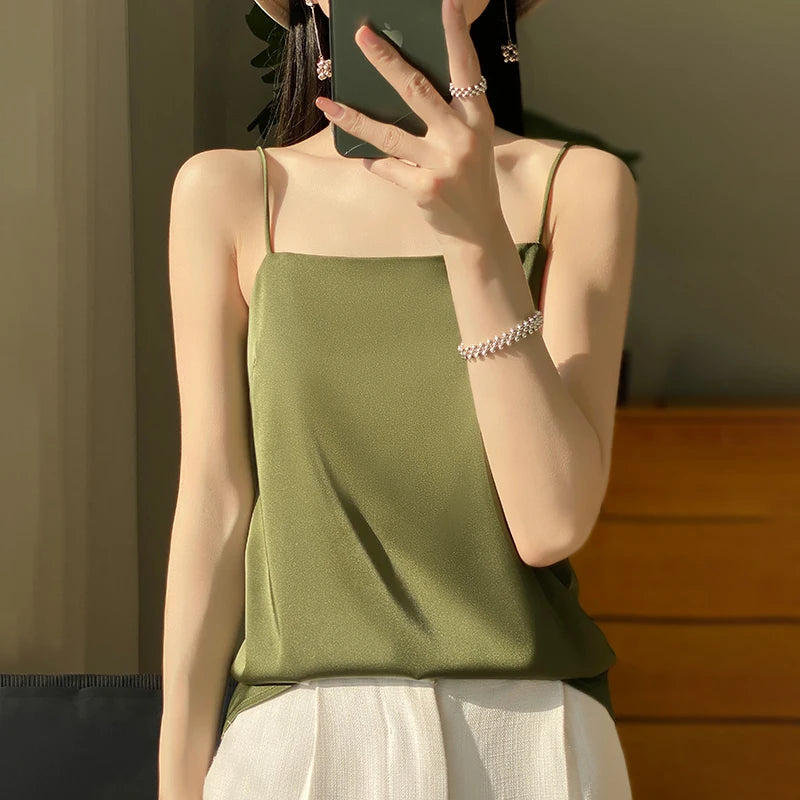 New Ice Silk Sexy Satin Strap Women's Spring/Summer Vest Solid Color Sleeveless Sexy Comfortable Silk Underwear Vest RW-D19