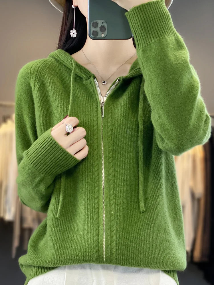 Autumn Winter 100% Merino Wool Sweater Cardigan Women's Hooded Zippers Raglan Sleeve Cashmere Knitwear Casual Chic Clothing Tops