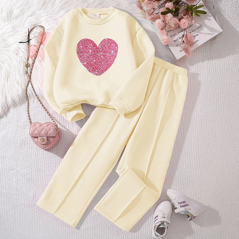 Children‘s Autumn Winter Warm Clothes Sets For Girls Solid Color Heart Print Top And Pants Daily Causal Sports Loose Lounge Wear