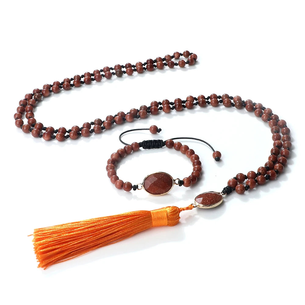 Fashion Natural Stone Beads Necklace & Bracelet Set Women Men Classic Long Tassel Pendant Necklace Yoga Healing Bohemian Jewelry