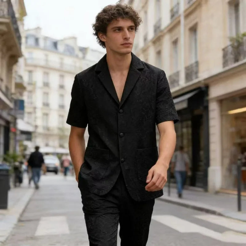KIDWHXR Summer Man Suit Set Korean Thin Slim Short Sleeve Male 2-piece Outfit Men Single-breasted Blazer Elastic Waist Pant
