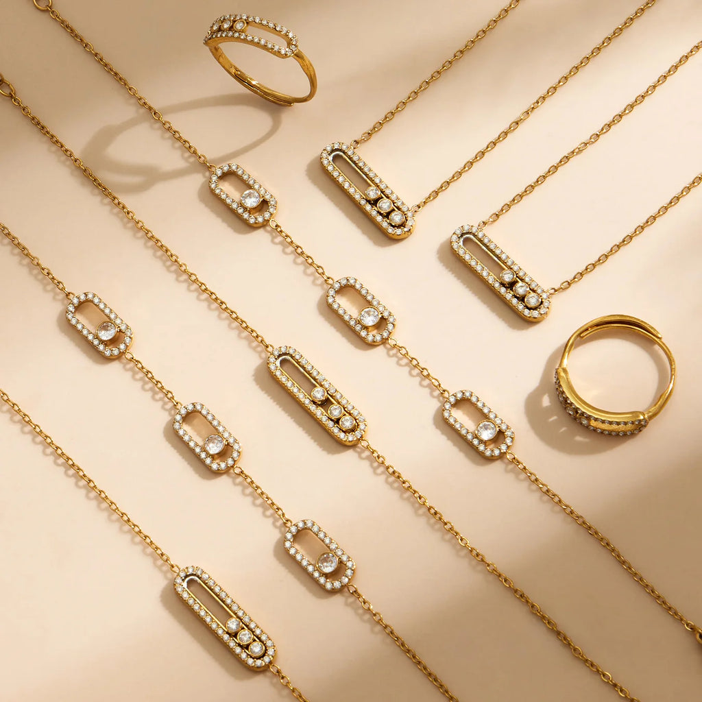 Shiny Zircon Pendant Necklaces Bracelets Rings 18k Gold Plated Stainless Stee Chain Necklace Bracelet Ring Jewelry Set for Women