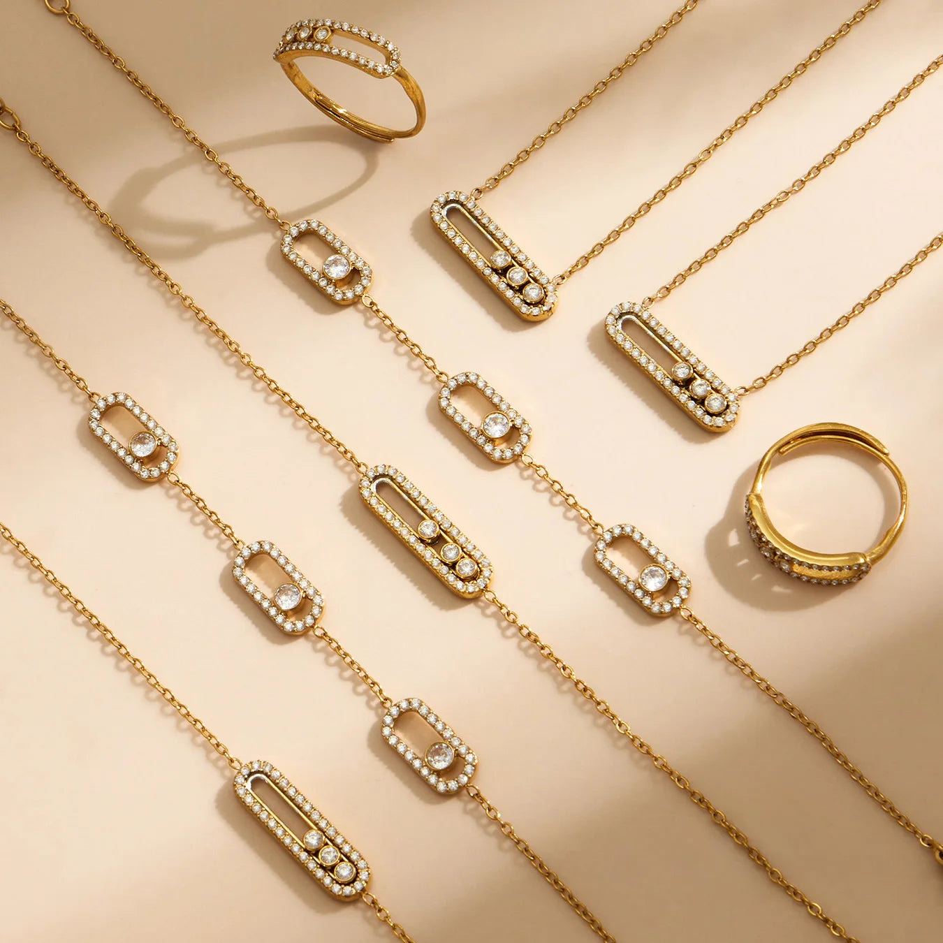 Shiny Zircon Pendant Necklaces Bracelets Rings 18k Gold Plated Stainless Stee Chain Necklace Bracelet Ring Jewelry Set for Women