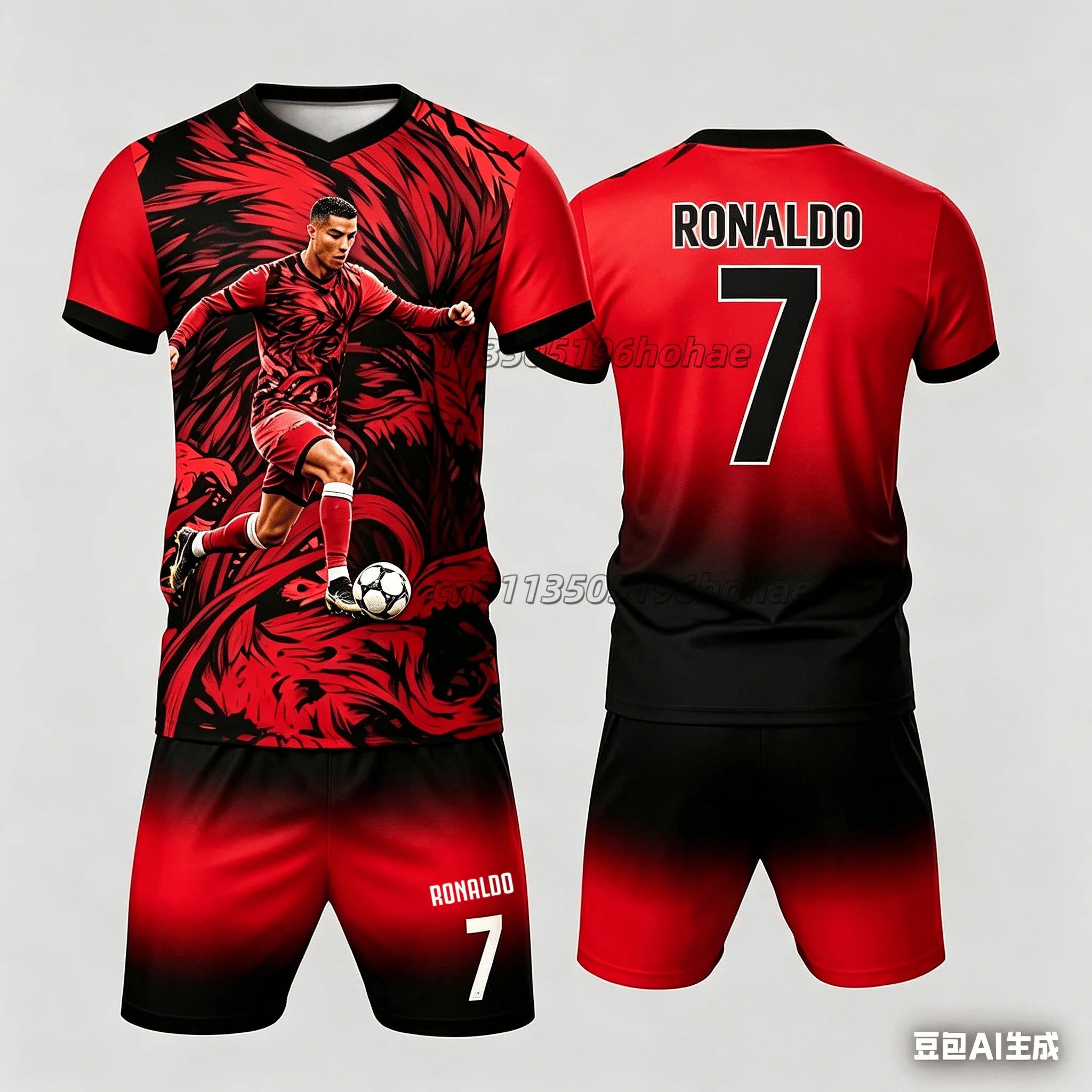 Summer gradient printed football superstar # Cristiano Ronaldo No.7# themed jersey training quick drying set familyMatching、kids