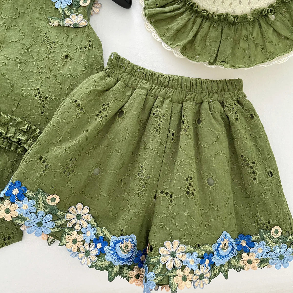 Summer Girl Dress 3psc Set Hat+Top+Short Pants Green Clothing Kids Dresses and Suit Big Bow Fashion Top and Bottom Short Set