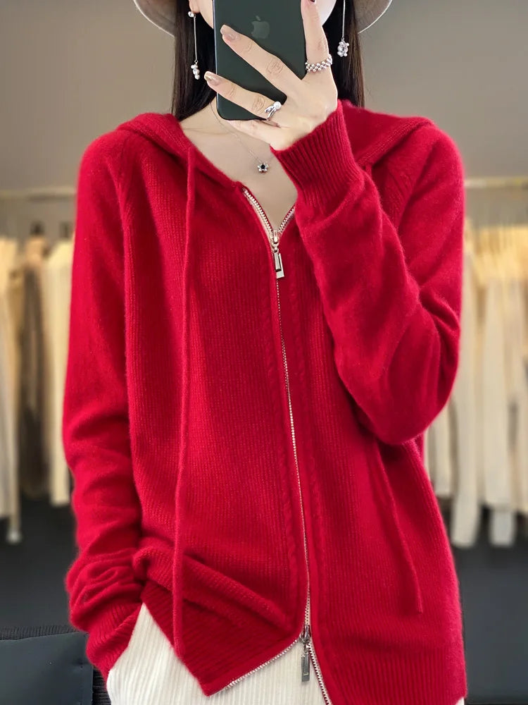 Autumn Winter 100% Merino Wool Sweater Cardigan Women's Hooded Zippers Raglan Sleeve Cashmere Knitwear Casual Chic Clothing Tops