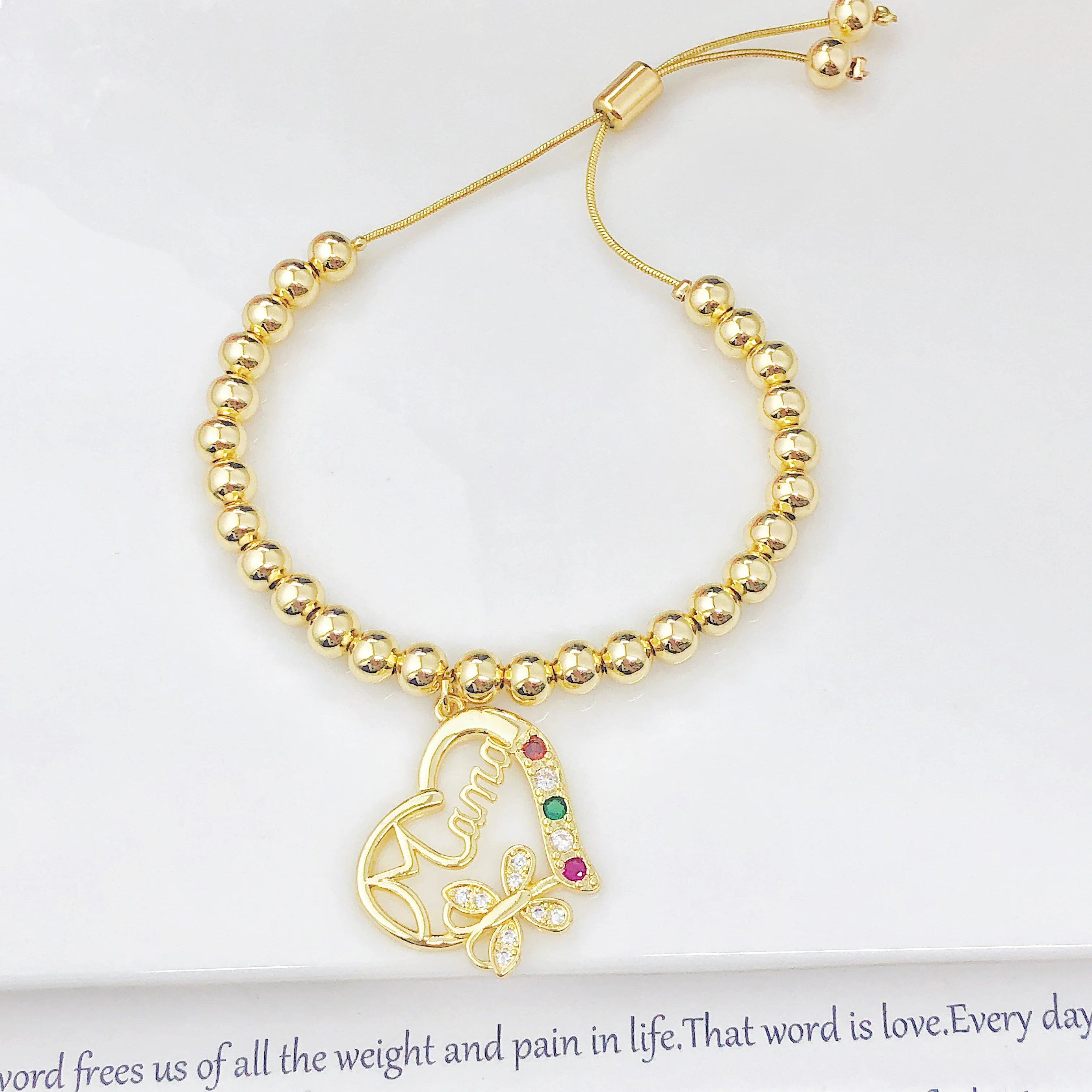 New Arrival Gold-Plated Heart-Shaped Zircon Mama Copper Bead Bracelet Classic for Women Holiday Party Jewelry Mother's Day Gift